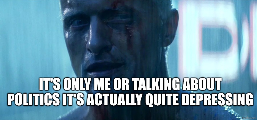 Blade Runner Tears in rain | IT'S ONLY ME OR TALKING ABOUT POLITICS IT'S ACTUALLY QUITE DEPRESSING | image tagged in blade runner tears in rain | made w/ Imgflip meme maker