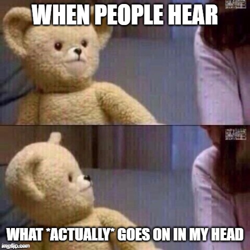 What? Teddy Bear | WHEN PEOPLE HEAR; WHAT *ACTUALLY* GOES ON IN MY HEAD | image tagged in what teddy bear | made w/ Imgflip meme maker