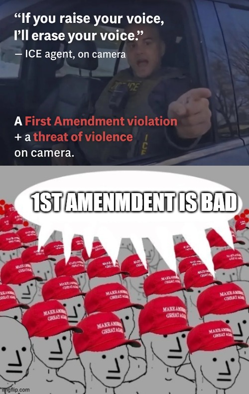 Alex Pretti killed for 2nd amendment smh | 1ST AMENDMENT IS BAD | image tagged in maga npc redhats | made w/ Imgflip meme maker