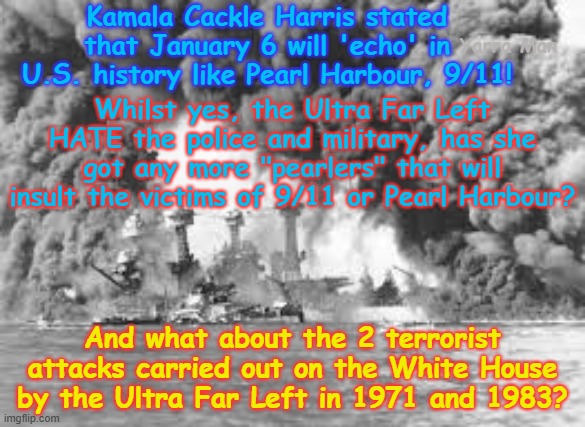 Cackle Harris has compared Jan 6 to 9/11 and Pearl Harbour attack! Can I have some of whatever she is using? | Kamala Cackle Harris stated that January 6 will 'echo' in U.S. history like Pearl Harbour, 9/11! Yarra Man; Whilst yes, the Ultra Far Left HATE the police and military, has she got any more "pearlers" that will insult the victims of 9/11 or Pearl Harbour? And what about the 2 terrorist attacks carried out on the White House by the Ultra Far Left in 1971 and 1983? | image tagged in pearl harbour attack,harris biden frey tampon newsom jb pretzel,msnbc cnn abc cbs,insanity us democrats,woke sgbp | made w/ Imgflip meme maker