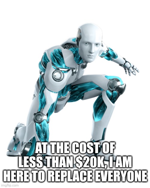 ESET antivirus robot | AT THE COST OF LESS THAN $20K, I AM HERE TO REPLACE EVERYONE | image tagged in eset antivirus robot | made w/ Imgflip meme maker