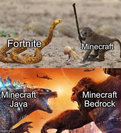 The Minecraft split | Fortnite; Minecraft; Minecraft Java; Minecraft Bedrock | image tagged in memes,godzilla vs kong,minecraft,fortnite | made w/ Imgflip meme maker