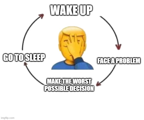 I Meet Someone, We Talk, They Leave | WAKE UP; FACE A PROBLEM; GO TO SLEEP; MAKE THE WORST POSSIBLE DECISION | image tagged in i meet someone we talk they leave | made w/ Imgflip meme maker