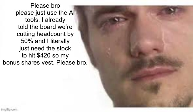 Bro Please Bro | Please bro please just use the AI tools. I already told the board we’re cutting headcount by 50% and I literally just need the stock to hit $420 so my bonus shares vest. Please bro. | image tagged in bro please bro | made w/ Imgflip meme maker