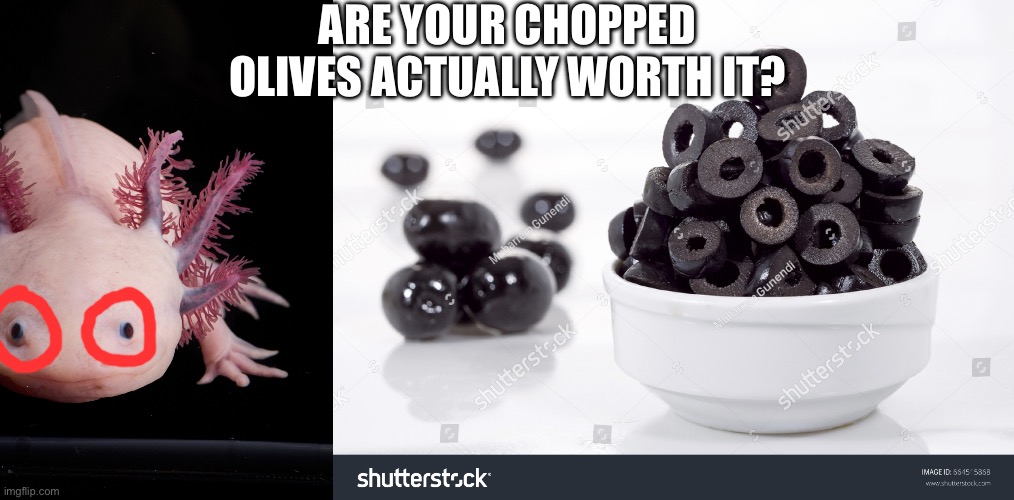 Is it worth it? | ARE YOUR CHOPPED OLIVES ACTUALLY WORTH IT? | image tagged in memes,axolotl,olive,is it worth it | made w/ Imgflip meme maker