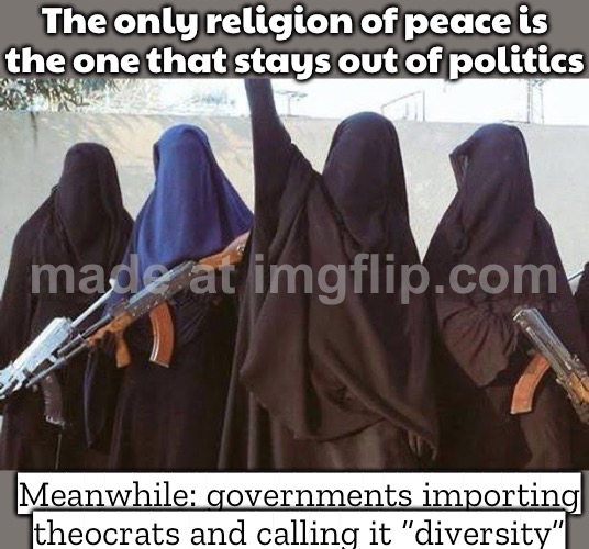 When I say we need better vetting…; …this is exactly what I mean. | The only religion of peace is the one that stays out of politics; Meanwhile: governments importing theocrats and calling it “diversity” | image tagged in isis brides,radical islam,immigration,evil government,anti-religion,i love democracy | made w/ Imgflip meme maker