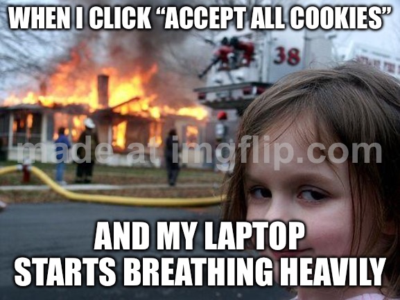 WHEN I CLICK “ACCEPT ALL COOKIES”; AND MY LAPTOP STARTS BREATHING HEAVILY | WHEN I CLICK “ACCEPT ALL COOKIES”; AND MY LAPTOP STARTS BREATHING HEAVILY | image tagged in memes,disaster girl,laptop,cookies,heavy breathing,computer | made w/ Imgflip meme maker