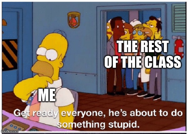 HOMER SIMPSON ABOUT TO DO SOMETHING STUPID | THE REST OF THE CLASS; ME | image tagged in homer simpson about to do something stupid | made w/ Imgflip meme maker