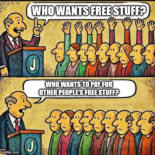 Democratic Socialism | WHO WANTS FREE STUFF? WHO WANTS TO PAY FOR OTHER PEOPLE'S FREE STUFF? | image tagged in who wants,politics,democratic socialism,memes,funny | made w/ Imgflip meme maker