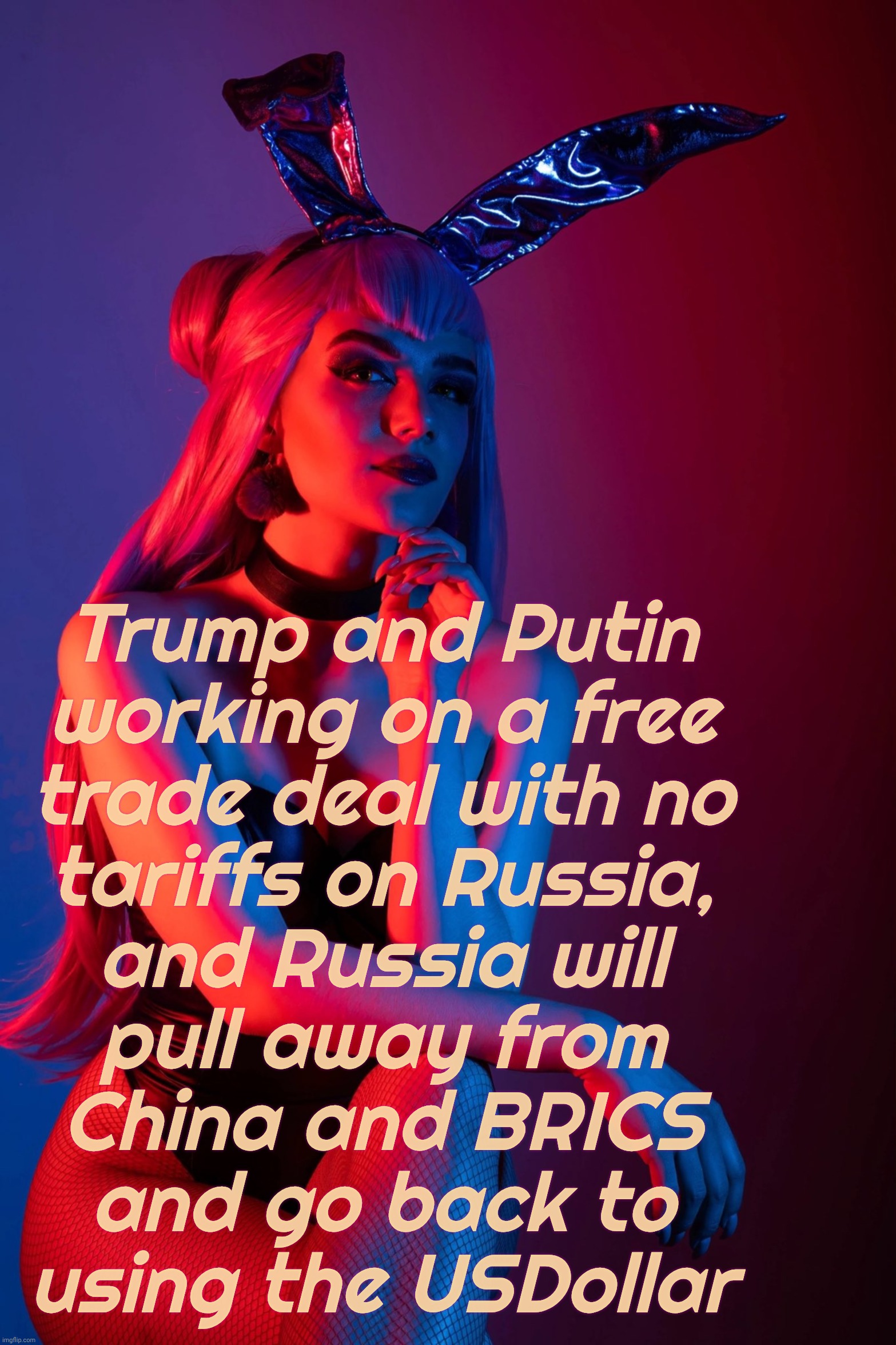 Evelynn K/DA | Trump and Putin
working on a free
trade deal with no
tariffs on Russia,
and Russia will
pull away from
China and BRICS
and go back to
using  | image tagged in evelynn k/da | made w/ Imgflip meme maker