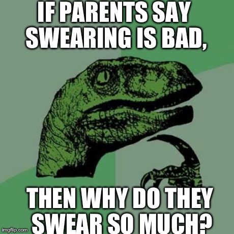 Philosoraptor | IF PARENTS SAY SWEARING IS BAD, THEN WHY DO THEY SWEAR SO MUCH? | image tagged in memes,philosoraptor | made w/ Imgflip meme maker