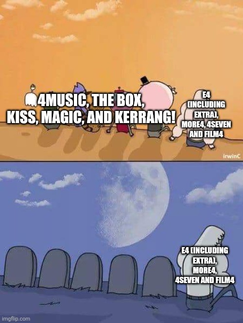Channel 4 in a nutshell | 4MUSIC, THE BOX, KISS, MAGIC, AND KERRANG! E4 (INCLUDING EXTRA), MORE4, 4SEVEN AND FILM4; E4 (INCLUDING EXTRA), MORE4, 4SEVEN AND FILM4 | image tagged in regular show graves,channel 4,united kingdom,british tv,ireland | made w/ Imgflip meme maker