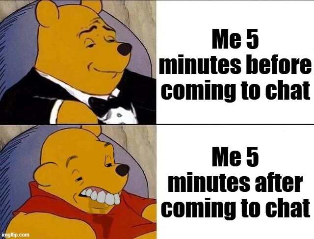 read rot | Me 5 minutes before coming to chat; Me 5 minutes after coming to chat | image tagged in tuxedo winnie the pooh grossed reverse,read,pooh,rot,cant read | made w/ Imgflip meme maker