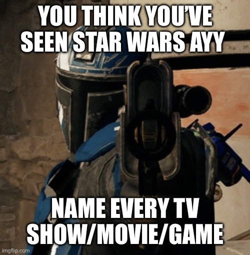 You better | YOU THINK YOU’VE SEEN STAR WARS AYY; NAME EVERY TV SHOW/MOVIE/GAME | image tagged in mando gun | made w/ Imgflip meme maker