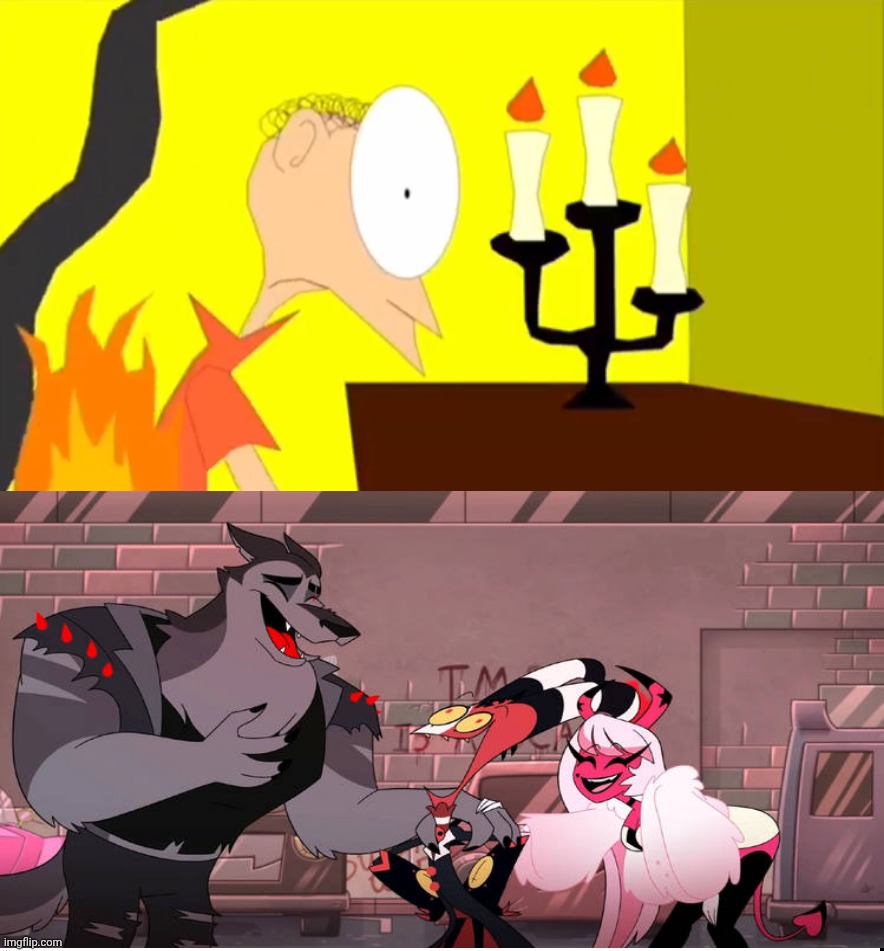 Blitzo, Verosika, and Vortex laugh at matthew's clothes on fire?!?! | image tagged in who laughs at matthew's clothes on fire,deviantart,crossover,hazbin hotel,helluva boss | made w/ Imgflip meme maker