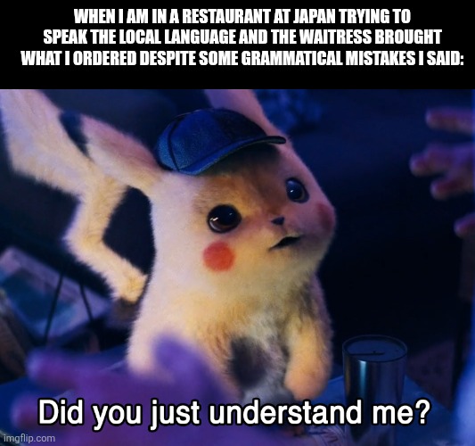 Did u understand me? | WHEN I AM IN A RESTAURANT AT JAPAN TRYING TO SPEAK THE LOCAL LANGUAGE AND THE WAITRESS BROUGHT WHAT I ORDERED DESPITE SOME GRAMMATICAL MISTAKES I SAID: | image tagged in memes,restaurant,trip | made w/ Imgflip meme maker