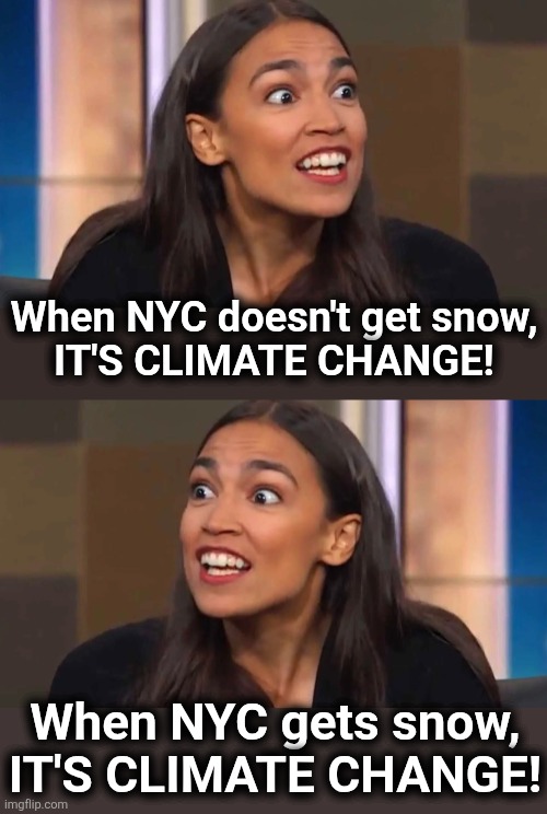 When NYC doesn't get snow,
IT'S CLIMATE CHANGE! When NYC gets snow,
IT'S CLIMATE CHANGE! | image tagged in crazy aoc,memes,climate change,global warming,snow,democrats | made w/ Imgflip meme maker