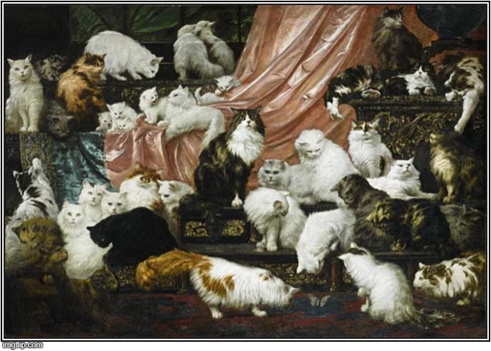 'My Wife's Lovers' by Carl Kahler 1891 | image tagged in cats,oil painting,carl kahler | made w/ Imgflip meme maker