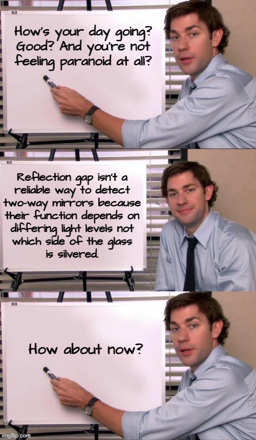 Hey, ummm... | How's your day going?
Good? And you're not
feeling paranoid at all? Reflection gap isn't a
reliable way to detect
two-way mirrors because
their function depends on
differing light levels not
which side of the glass
is silvered. How about now? | image tagged in jim halpert explains,mirrors,paranoia | made w/ Imgflip meme maker