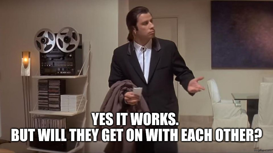 Confused John Travolta | YES IT WORKS. 
BUT WILL THEY GET ON WITH EACH OTHER? | image tagged in confused john travolta | made w/ Imgflip meme maker