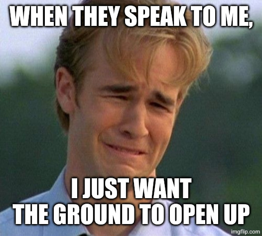 WHEN THEY SPEAK TO ME, I JUST WANT THE GROUND TO OPEN UP | image tagged in memes,1990s first world problems | made w/ Imgflip meme maker