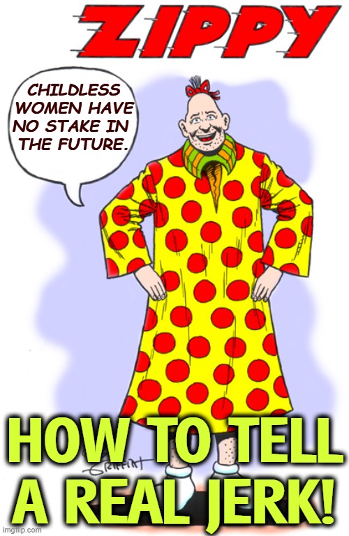 Anybody who says that is a jerk. | CHILDLESS WOMEN HAVE NO STAKE IN 
THE FUTURE. HOW TO TELL A REAL JERK! | image tagged in zippy the pinhead says,jerk,women,children,elon musk,jd vance | made w/ Imgflip meme maker