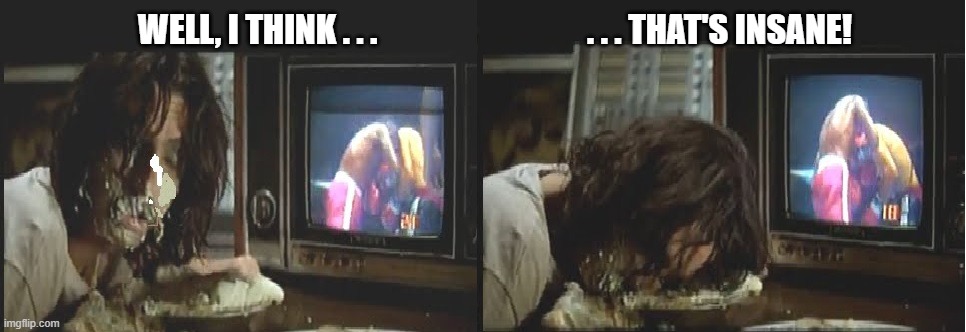 Alice Cooper cream pie THAT'S INSANE! | WELL, I THINK . . . . . . THAT'S INSANE! | image tagged in alice cooper cream pie,that's insane,pie in the face | made w/ Imgflip meme maker