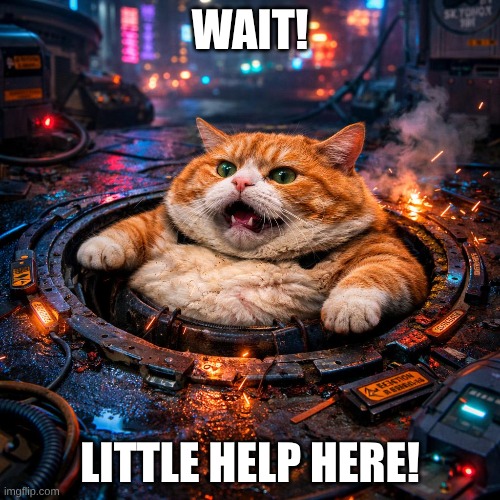 when exercises go wrong | WAIT! LITTLE HELP HERE! | image tagged in fat cat in hole | made w/ Imgflip meme maker