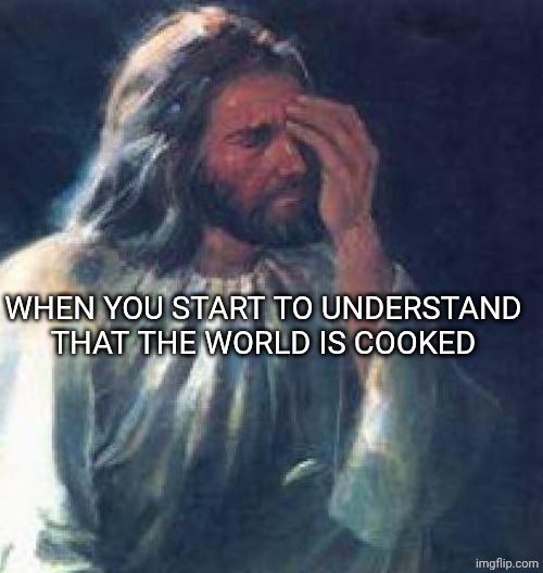 jesus facepalm | WHEN YOU START TO UNDERSTAND THAT THE WORLD IS COOKED | image tagged in jesus facepalm | made w/ Imgflip meme maker