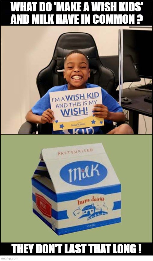 When It Comes To Shelf Life ... | WHAT DO 'MAKE A WISH KIDS'
AND MILK HAVE IN COMMON ? THEY DON'T LAST THAT LONG ! | image tagged in make a wish,milk,shelf life | made w/ Imgflip meme maker