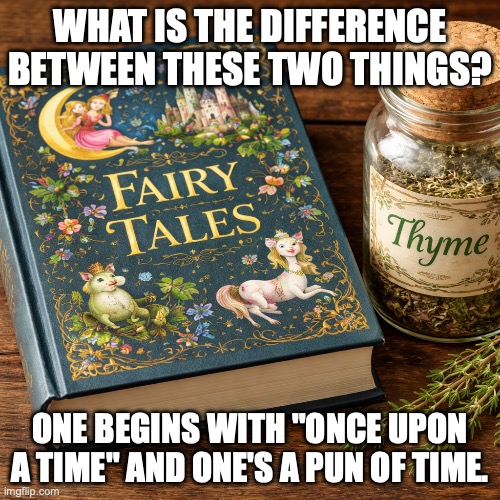 Fairy tales | WHAT IS THE DIFFERENCE BETWEEN THESE TWO THINGS? ONE BEGINS WITH "ONCE UPON A TIME" AND ONE'S A PUN OF TIME. | image tagged in bad pun | made w/ Imgflip meme maker