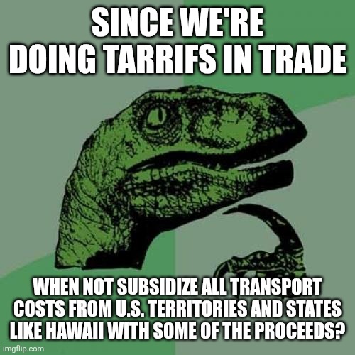 Philosoraptor | SINCE WE'RE DOING TARRIFS IN TRADE; WHEN NOT SUBSIDIZE ALL TRANSPORT COSTS FROM U.S. TERRITORIES AND STATES LIKE HAWAII WITH SOME OF THE PROCEEDS? | image tagged in memes,philosoraptor | made w/ Imgflip meme maker