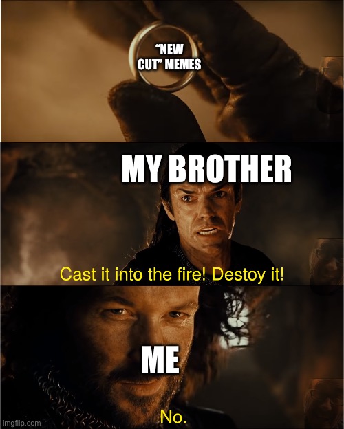cast it into the fire | “NEW CUT” MEMES MY BROTHER ME | image tagged in cast it into the fire | made w/ Imgflip meme maker