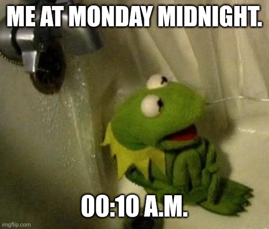 Kermit on Shower | ME AT MONDAY MIDNIGHT. 00:10 A.M. | image tagged in kermit on shower,monday,memes,funny | made w/ Imgflip meme maker