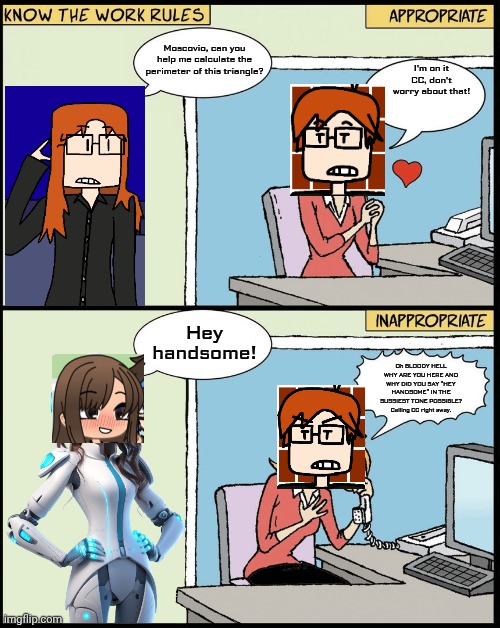 Hello, Human Resources?! | I'm on it CC, don't worry about that! Oh BLOODY HELL WHY ARE YOU HERE AND WHY DID YOU SAY "HEY HANDSOME" IN THE SUSSIEST TONE POSSIBLE? Call | image tagged in hello human resources | made w/ Imgflip meme maker