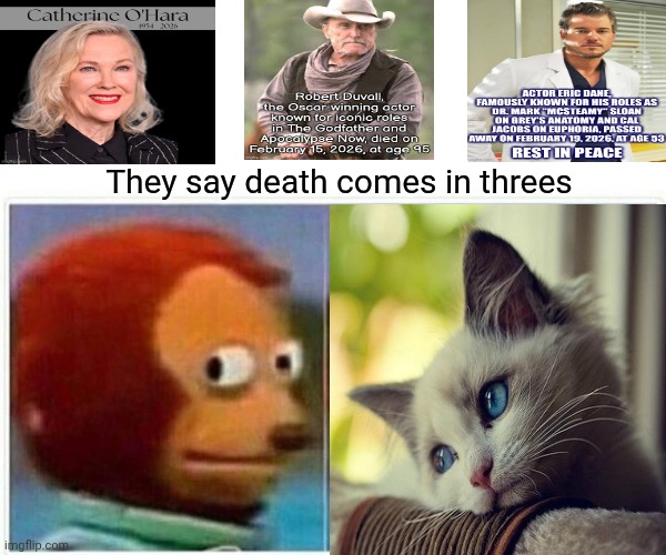 Sad Old Wives' Tale | They say death comes in threes | image tagged in memes,monkey puppet,superstition,sad but true,rest in peace,old wives tale | made w/ Imgflip meme maker
