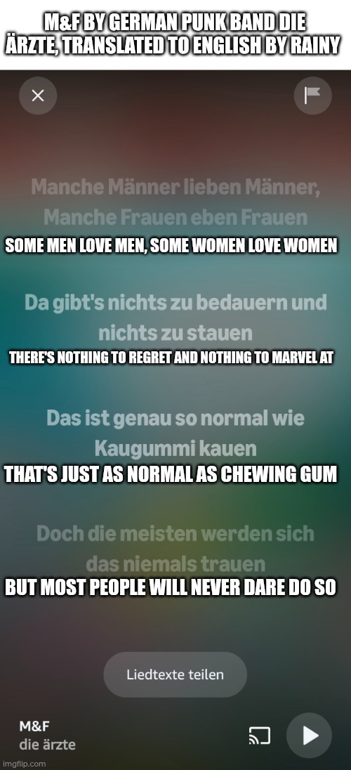 "M&F" by German punk band die ärzte. Taught us that queer people are totally normal back in 2012 | M&F BY GERMAN PUNK BAND DIE ÄRZTE, TRANSLATED TO ENGLISH BY RAINY; SOME MEN LOVE MEN, SOME WOMEN LOVE WOMEN; THERE'S NOTHING TO REGRET AND NOTHING TO MARVEL AT; THAT'S JUST AS NORMAL AS CHEWING GUM; BUT MOST PEOPLE WILL NEVER DARE DO SO | image tagged in punk | made w/ Imgflip meme maker