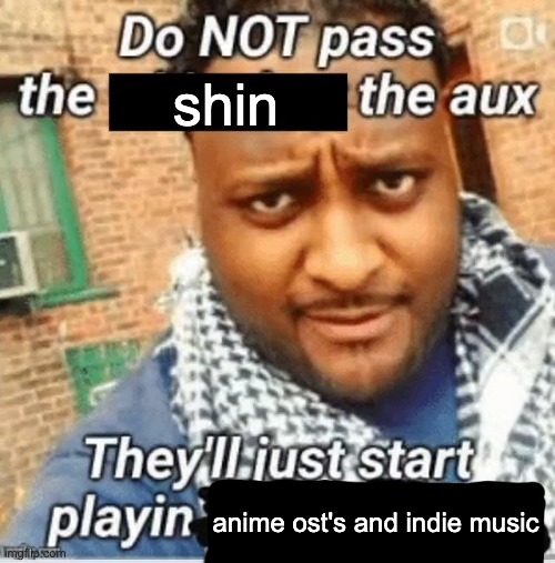 Do not pass the X the aux They’ll just start playin Y | shin; anime ost's and indie music | image tagged in do not pass the x the aux they ll just start playin y | made w/ Imgflip meme maker