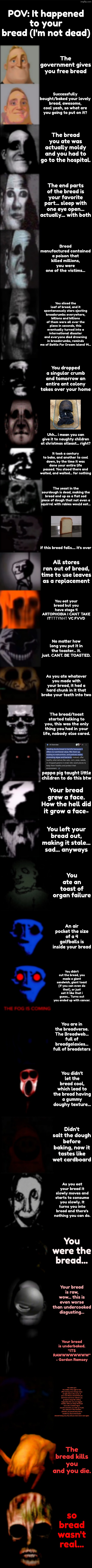 I'm Back! Again | POV: It happened to your bread (I'm not dead); The government gives you free bread; Successfully bought/baked your lovely bread, awesome, cool yeah, so what are you going to put on it? The bread you ate was actually moldy and you had to go to the hospital. The end parts of the bread is your favorite part... sleep with one eye open... actually... with both; Bread manufactured contained a poison that killed millions, you were one of the victims... You sliced the loaf of bread, and it spontaneously stars ejecting breadcrumbs everywhere, billions and billions of them were all over the place in seconds, this eventually turned into a international disaster and everyone died drowning in breadcrumbs, reminds me of Battle For Dream Island 14... You dropped a singular crumb and tomorrow an entire ant colony takes over your home; Uhh... i mean you can give it to naughty children at christmas atleast... right? It took a century to bake, and another to cool down, by the time it was done your entire life passed. You stood there and waited, and waited... for nothing; The yeast in the sourdough is dead, making the bread end up as a flat sad piece of dough that not even a squirrel with rabies would eat... if this bread falls.... it's over; All stores ran out of bread, time to use leaves as a replacement; You eat your bread but you have stage 4 ARTOPHOBIA I CANT TAKE ITΤΤΤΥΝΗΤ VC FVVD; No matter how long you put it in the toaster... it. just. CANT. BE TOASTED. As you ate whatever you made with your bread, it had a hard chunk in it that broke your teeth into two; The bread/toast started talking to you, this was the only thing you had in your life, nobody else cared. peppa pig taught little children to do this btw; Your bread grew a face. How the hell did it grow a face-; You left your bread out, making it stale... sad... anyways; You ate an toast of organ failure; An air pocket the size of a 4 golfballs is inside your bread; You didn't cut the bread, you made a giant sandwich, giant toast (if you can even do that), or just eat it like that i guess... Turns out you ended up with cancer. You are in the breadverse. The Breadweb... full of breadgalaxies... full of breadstars; You didn't let the bread cool, which lead to the bread having a gummy doughy texture... Didn't salt the dough before baking, now it tastes like wet cardboard; As you eat your bread it slowly moves and starts to consume you slowly. It turns you into bread and there's nothing you can do. You were the bread... Your bread is raw, wow... this is even worse than undercooked disgusting... Your bread is underbaked. "ITS RAWWWWWWWW" - Gordon Ramsey; You wake up in the middle of the night at 1am after hearing some strange noises at night, then in the corner of your room theres a bread that you dont know and never ordered. you go back to sleep like nothing happended, this was your biggest mistake, while you sleep, the bread turns into a shadow figure monster and when you wake up, it eats you, and your in the monsters stomach, you passed away due to breath loss due to the bread's stomach being very tiny and you were never seen again. The bread kills you and you die. so bread wasn't real... | image tagged in mr incredible becoming uncanny final extension,bread,mr incredible becoming uncanny | made w/ Imgflip meme maker