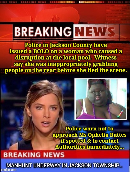 Police in Jackson County have issued a BOLO on a woman who caused a disruption at the local pool.  Witness say she was inappropriately grabbing people on the rear before she fled the scene. Police warn not to approach Ms Ophelia Buttes if spotted & to contact Authorities immediately... | image tagged in breaking news,fat bastard,jokes | made w/ Imgflip meme maker