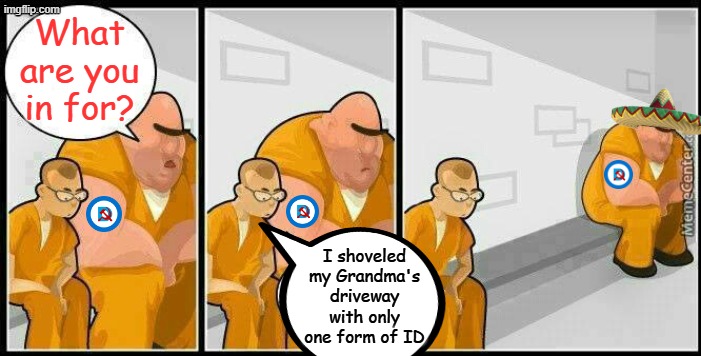 Only in NYC- like a city having an annual budget larger than 47 states- oh wait- Thank God it's only in NY for now! | What are you in for? I shoveled my Grandma's driveway with only one form of ID | image tagged in prisoners | made w/ Imgflip meme maker