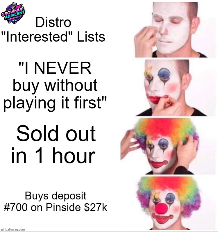 Pinball Machine memes | Distro "Interested" Lists; "I NEVER buy without playing it first"; Sold out in 1 hour; Buys deposit #700 on Pinside $27k | image tagged in memes,clown applying makeup,pinball,arcade | made w/ Imgflip meme maker