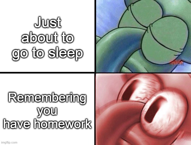 sleeping Squidward | Just about to go to sleep; Remembering you have homework | image tagged in sleeping squidward | made w/ Imgflip meme maker