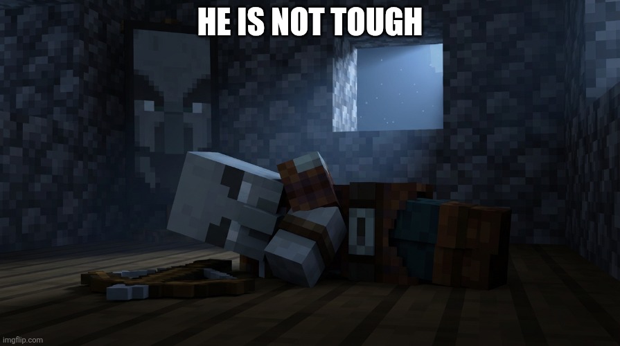 Pillager That Is An Illager Captain Sleeping | HE IS NOT TOUGH | image tagged in pillager that is an illager captain sleeping | made w/ Imgflip meme maker