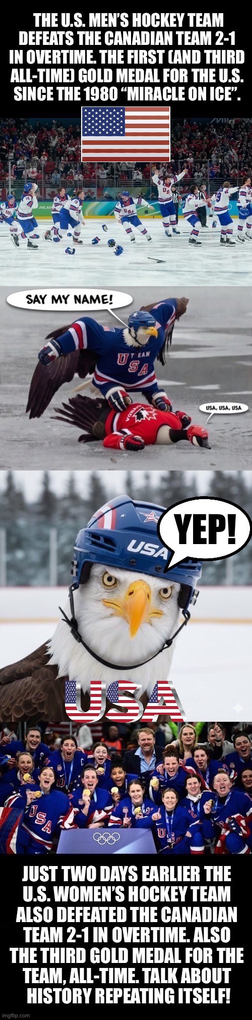 Great to see both teams have pride in this great country, too… | image tagged in political meme,usa,hockey,olympics,men and women,gold medal | made w/ Imgflip meme maker