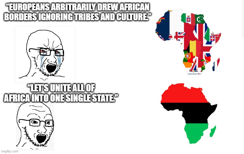 Blank meme template | “EUROPEANS ARBITRARILY DREW AFRICAN BORDERS IGNORING TRIBES AND CULTURE.”; “LET’S UNITE ALL OF AFRICA INTO ONE SINGLE STATE.” | image tagged in blank meme template | made w/ Imgflip meme maker
