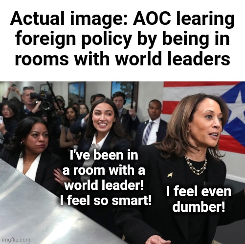 It's true.  Being near AOC can make you forget things. | Actual image: AOC learing
foreign policy by being in
rooms with world leaders; I've been in a room with a world leader!  I feel so smart! I feel even
dumber! | image tagged in memes,aoc,foreign policy,democrats,world leaders,idiot | made w/ Imgflip meme maker