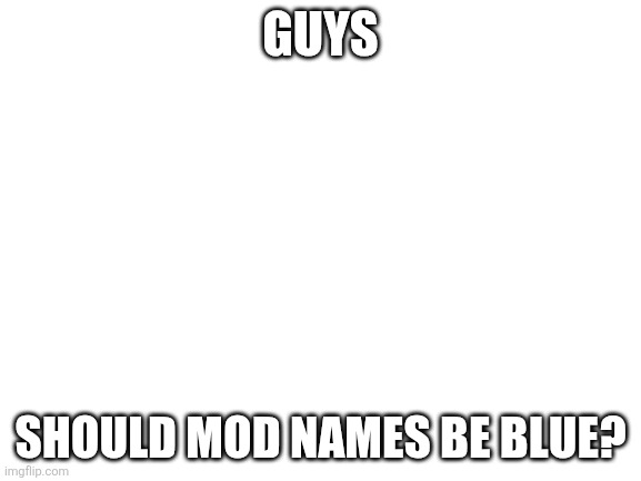 Why not | GUYS; SHOULD MOD NAMES BE BLUE? | image tagged in imgflip mods | made w/ Imgflip meme maker