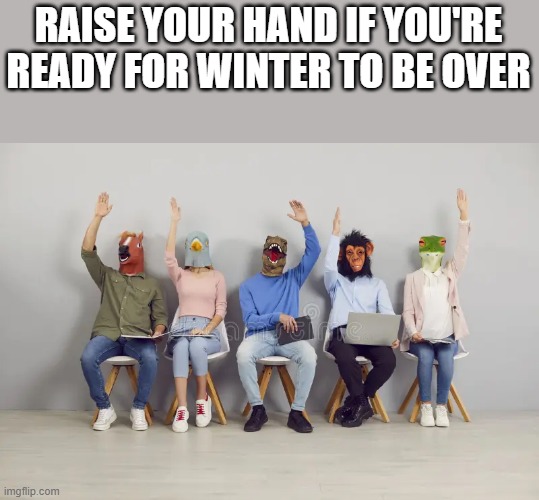 Ready For Winter To Be Over | RAISE YOUR HAND IF YOU'RE READY FOR WINTER TO BE OVER | image tagged in winter,cold,cold weather,raise your hand,funny,memes | made w/ Imgflip meme maker