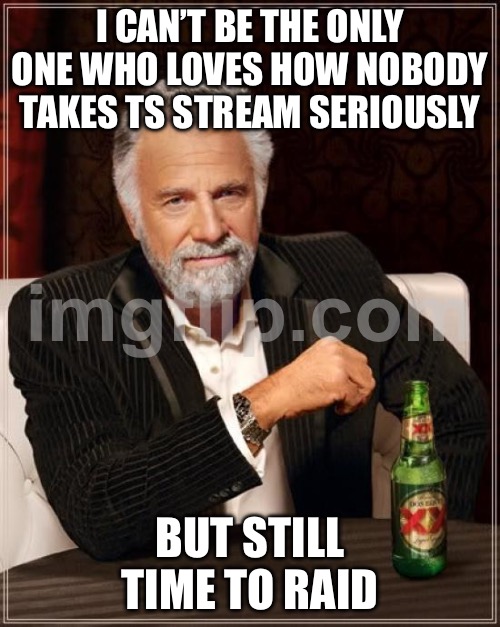 Im gonna raid your drug stash mwehehehehehehe | I CAN’T BE THE ONLY ONE WHO LOVES HOW NOBODY TAKES TS STREAM SERIOUSLY; BUT STILL TIME TO RAID | image tagged in memes,the most interesting man in the world | made w/ Imgflip meme maker